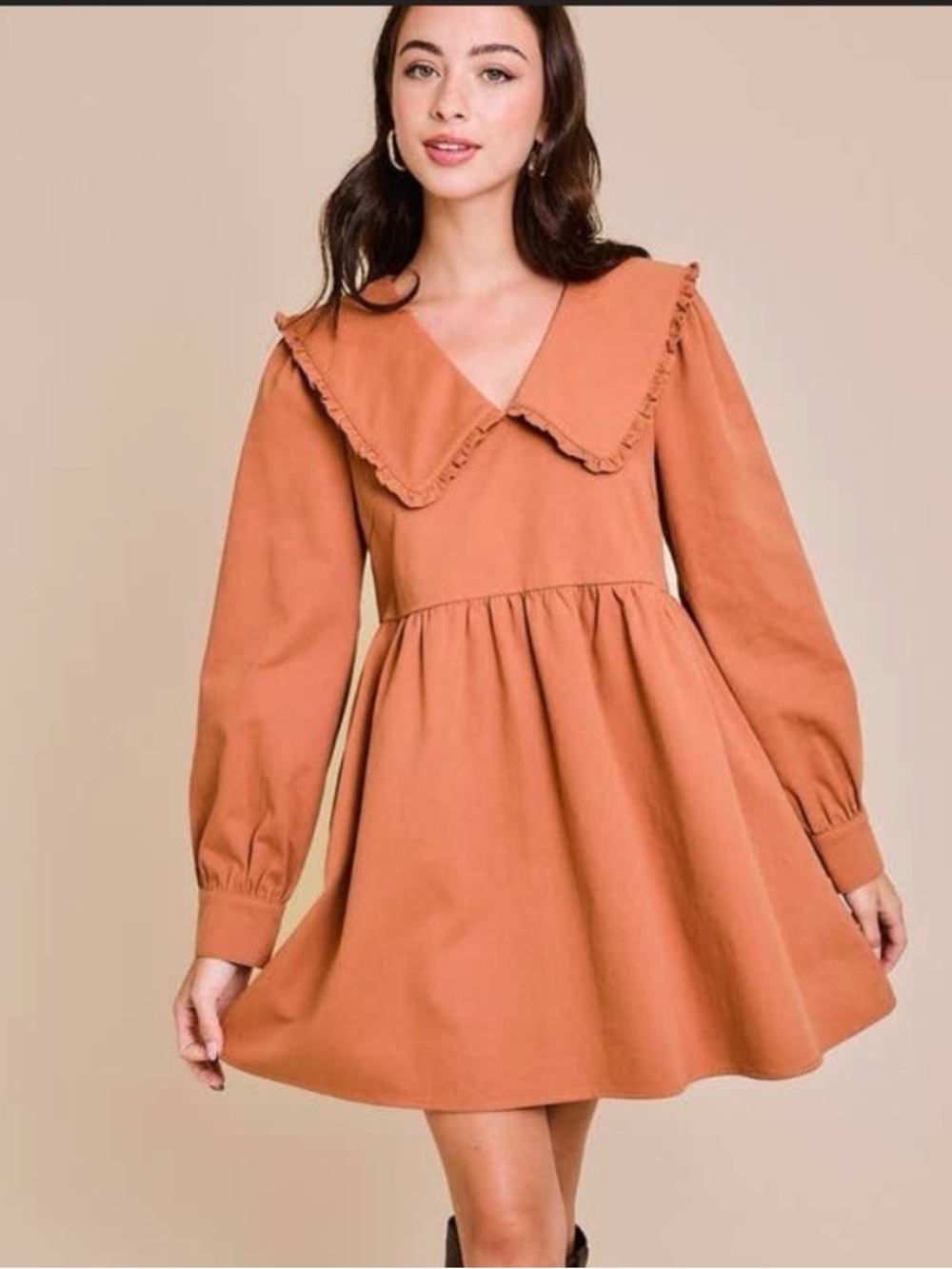 Le Lis Rust Ruffled Collar Long-Sleeve Mini Dress